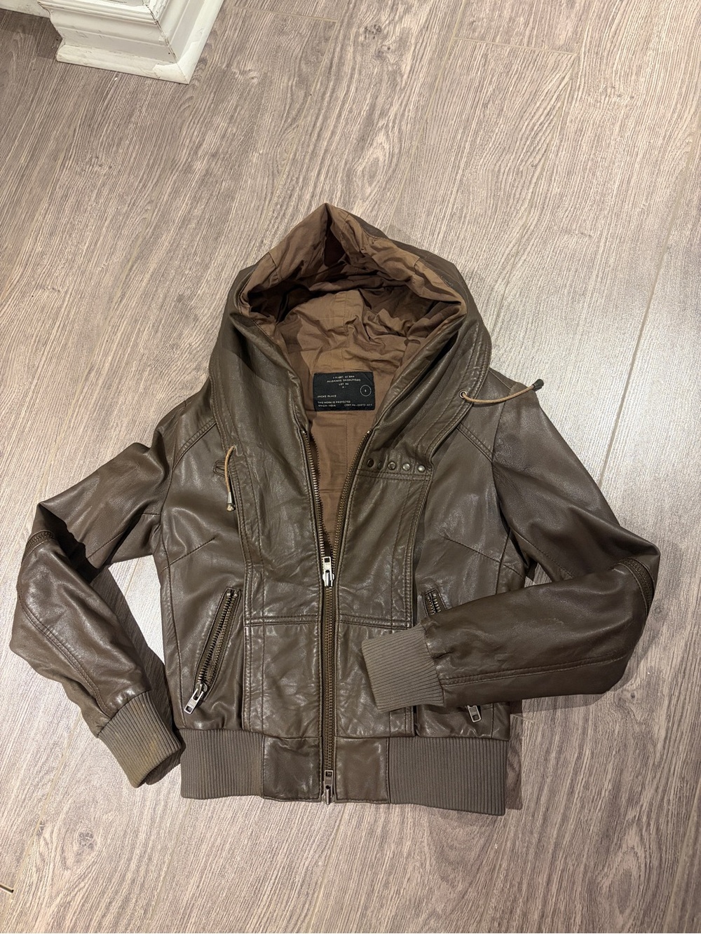 AllSaints Brown Hooded Faux Leather Bomber Jacket